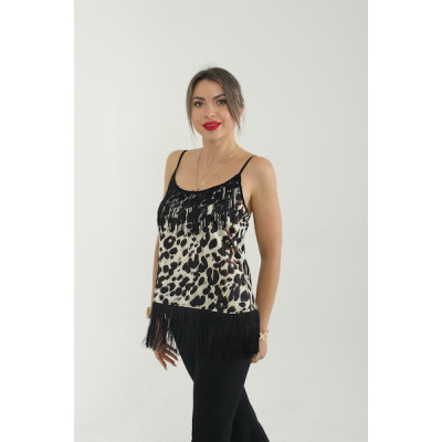 Püskül detaylı leopar desenli askılı bluz