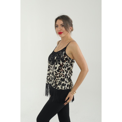 Püskül detaylı leopar desenli askılı bluz
